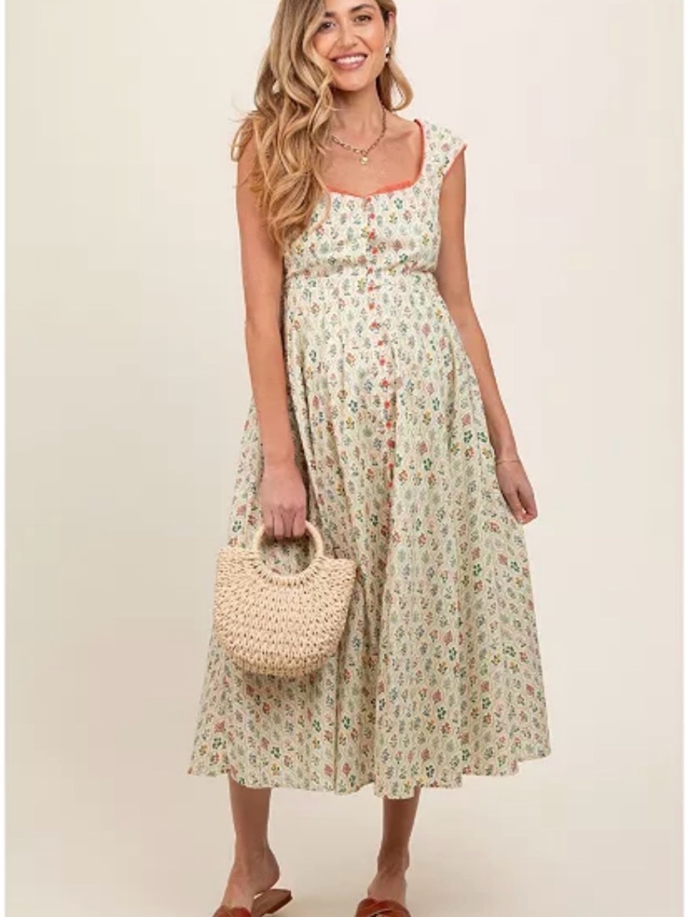 Floral Maternity Midi Dress in Cream with Coral Trim